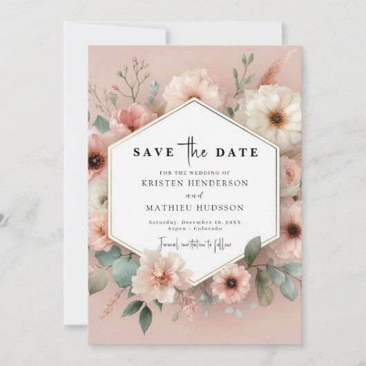 Mooie rustieke roze bloemen bruiloft save the date (Voorkant)