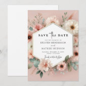Mooie rustieke roze bloemen bruiloft save the date (Voorkant / Achterkant)