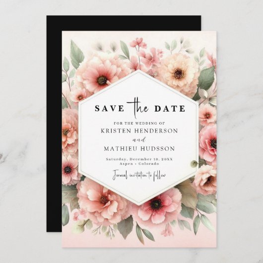 Mooie rustieke roze bloemen bruiloft save the date (Voorkant / Achterkant)