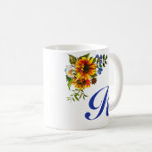 Mooie Rustieke Zonnebloem Blauwe Monogram Koffiemok (Voorkant rechts)
