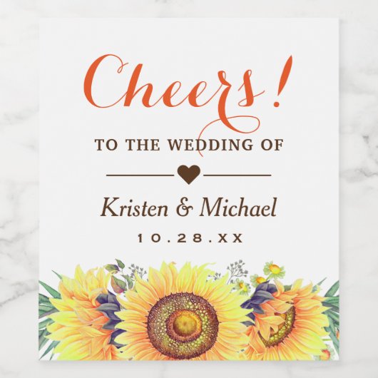 Mooie rustieke zonnebloemen juicht op de bruiloft wijn etiket (Enkel label)