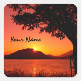 Mooie rustige Oranje Sunset Lake Mountain Vierkante Sticker