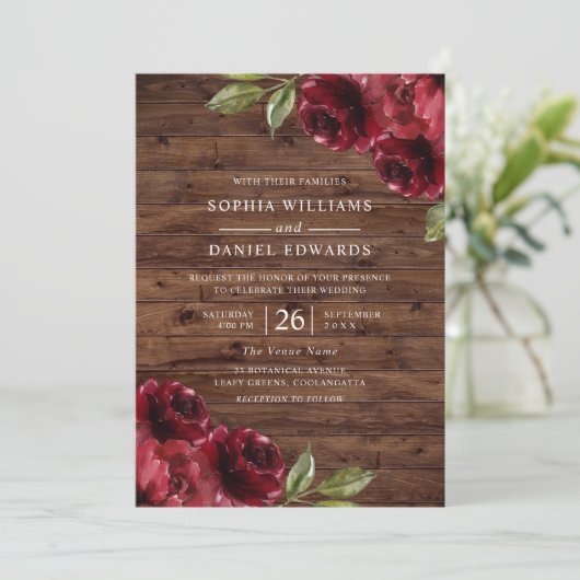 Mooie Rustische Rode Bloemen bruiloft met Bourgogn Kaart (Staand voorkant)