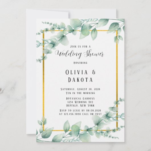 Mooie Sage Green Greenery Gold Wedding Shower Kaart (Voorkant)