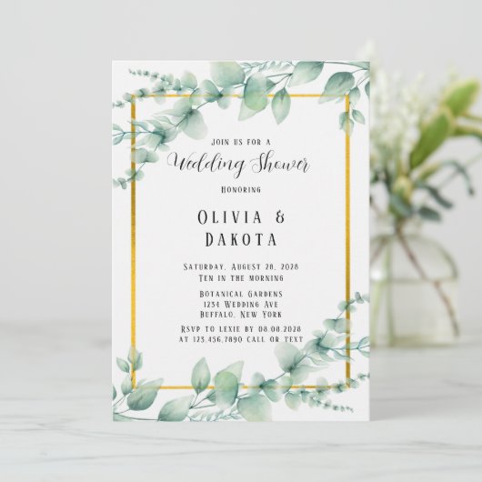 Mooie Sage Green Greenery Gold Wedding Shower Kaart (Staand voorkant)