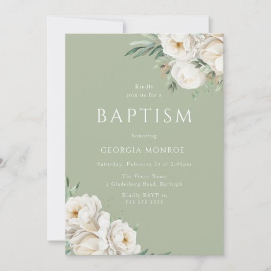 Mooie Sage Groen & Wit Bloemen Doop Kaart (Voorkant)