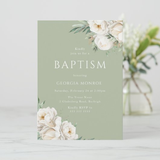 Mooie Sage Groen & Wit Bloemen Doop Kaart (Staand voorkant)