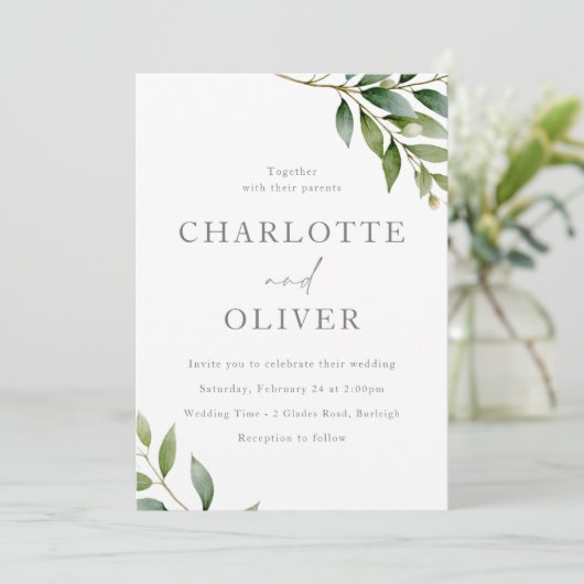 Mooie Sage Groene bladeren Moderne bruiloft Kaart (Staand voorkant)