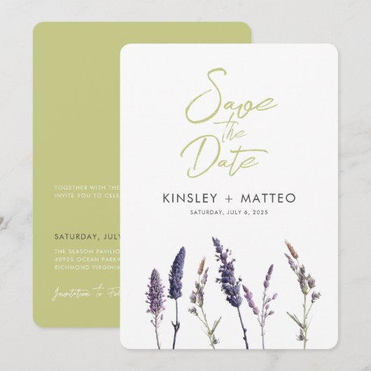 Mooie salie groene Kaarten, lavendel, Save The Date (Voorkant / Achterkant)