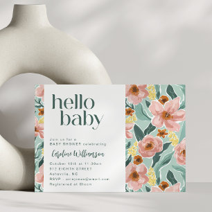 Mooie saliegroen roze bloemige Hello Baby Shower Kaart