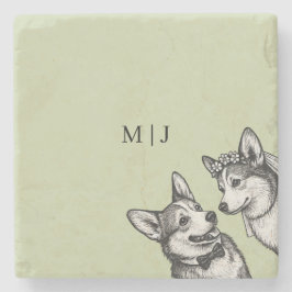 Mooie Saliegroene - Whimsicale Corgi Bruiloft Stenen Onderzetter