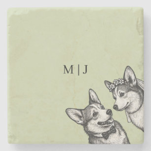 Mooie Saliegroene - Whimsicale Corgi Bruiloft  Stenen Onderzetter