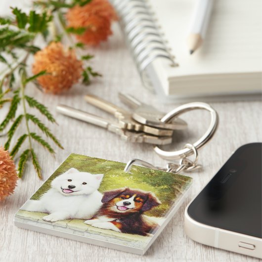Mooie Samoyed en Engelse Shepherd Pups Sleutelhanger (Voorkant Rechts)