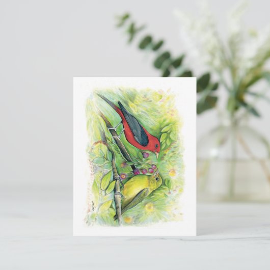 Mooie Scarlet Tanager Paar Note Kaart (Staand voorkant)