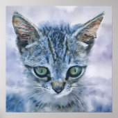 Mooie Schattigee Grey Tabby Kitten Waterverf Art Poster (Voorkant)