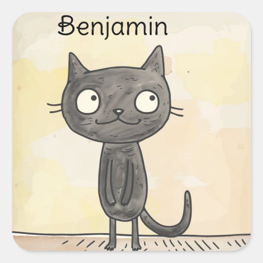 Mooie Schattigee grillige Cartoon Black Cat Vierkante Sticker (Voorkant)