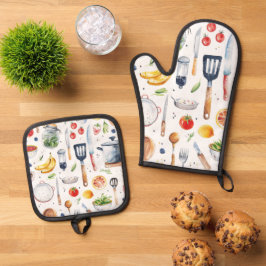 Mooie Schattigee Waterverf keukengerei Ovenwant & Pannenlap Set