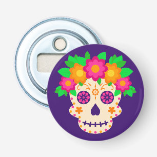 Mooie schedel met bloemen Día de los Muertos Button Flesopener