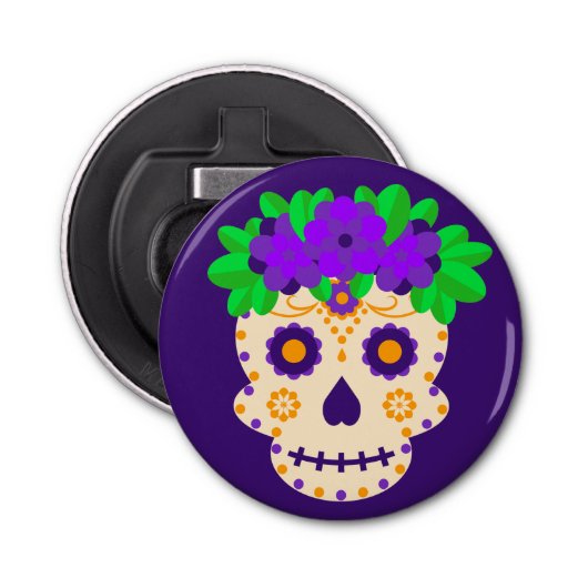 Mooie schedel met bloemen Día de los Muertos Button Flesopener (Voorkant)