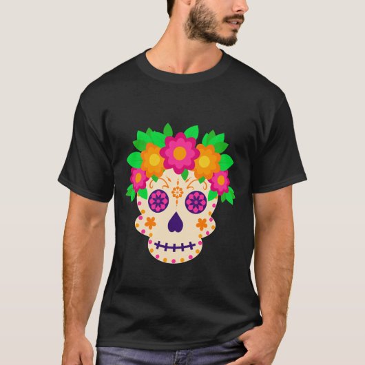 Mooie schedel met bloemen Día de los Muertos T-shirt (Voorkant)