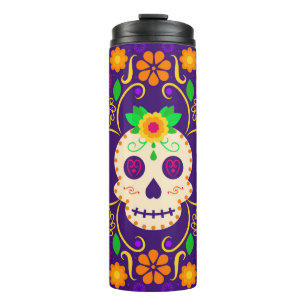 Mooie schedel met bloemen Día de los Muertos Thermosbeker