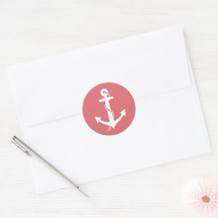 Mooie scheepsanker koraalroze en witte ronde sticker
