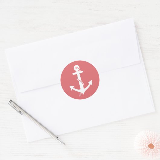 Mooie scheepsanker koraalroze en witte ronde sticker (Envelop)
