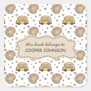 Mooie schoolbus patroon naam ex libris vierkante sticker