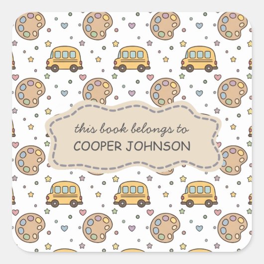 Mooie schoolbus patroon naam ex libris vierkante sticker (Voorkant)