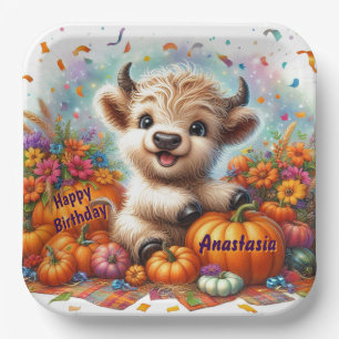 Mooie Schotse Hoogland Koe Herfst Verjaardagsfeest Papieren Bordje