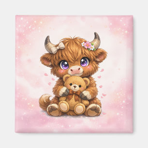 Mooie Schotse Koe Knuffelt met Teddybeer Vierkante Magneet