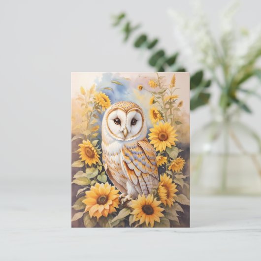 Mooie schuur uil en zonnebloemen briefkaart (Staand voorkant)