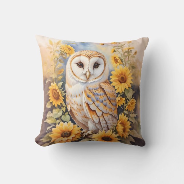Mooie schuur uil en zonnebloemen kussen (Voorkant)