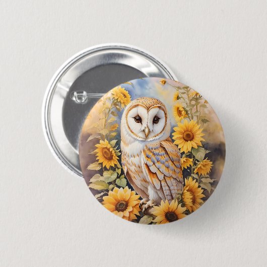 Mooie schuur uil en zonnebloemen ronde button 5,7 cm (Voorkant /achterkant)