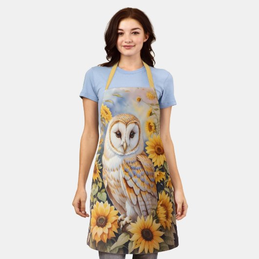 Mooie schuur uil en zonnebloemen schort (Gedragen)