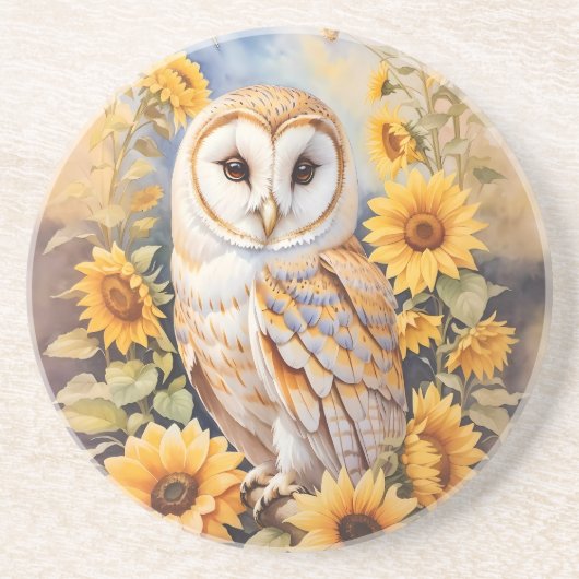 Mooie schuur uil en zonnebloemen zandsteen onderzetter (Voorkant)