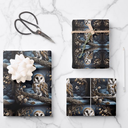 Mooie schuuruil op een tak inpakpapier vel (Voorkant)