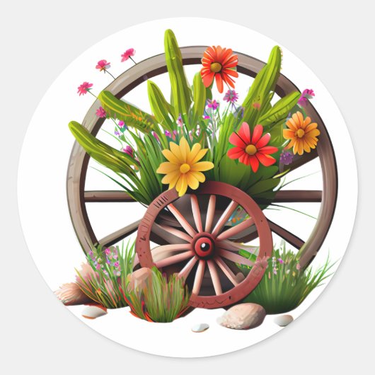 Mooie schuurwagenwiel bloem boerderij rustiek ronde sticker (Voorkant)