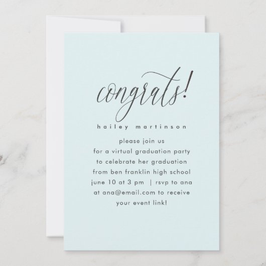 Mooie script blauwe virtuele afstudeerfeest foto aankondiging (Achterkant)