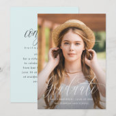 Mooie script blauwe virtuele afstudeerfeest foto aankondiging (Voorkant / Achterkant)