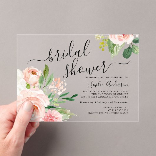 Mooie Script Blush Bloemachtige Bruiloftsborrel Acryl Uitnodigingen (Insitu (Draagbaar))