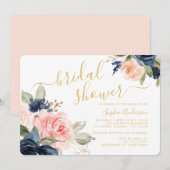 Mooie Script Blush Navy Gouden Bloem Bruiloft Fees Kaart (Voorkant / Achterkant)