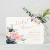 Mooie Script Blush Navy Gouden Bloem Bruiloft Fees Kaart (Staand voorkant)