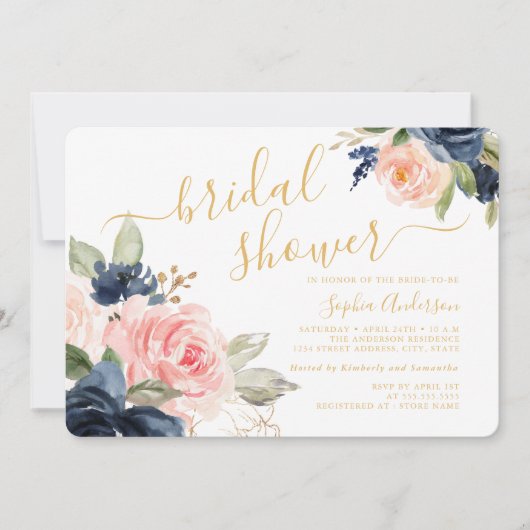 Mooie Script Blush Navy Gouden Bloem Bruiloft Fees Kaart (Voorkant)