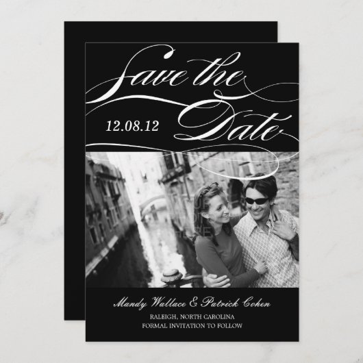Mooie Script Save The Date Aankondiging (Zwart) (Voorkant / Achterkant)