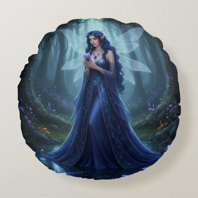Mooie september Sapphire Fairy Rond Kussen (Voorkant)