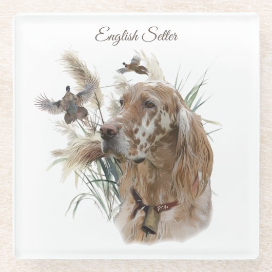 Mooie Setter met fazanten , Kunst Glazen Onderzetter (Voorkant)