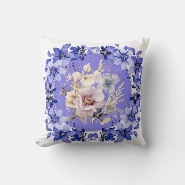 Mooie Shabby Chic Blauwe & Roze Bloementuin  Kussen (Voorkant)