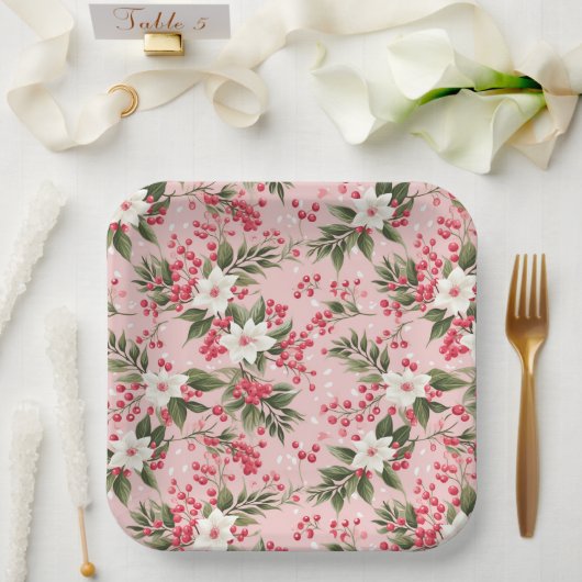 Mooie Shabby Chic Roze Kerst Bloemige Bes Papieren Bordje (Huwelijk)