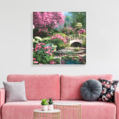 Mooie Shabby Chique Bloemen met Vijver en Brug Canvas Afdruk (Insitu (Woonkamer))